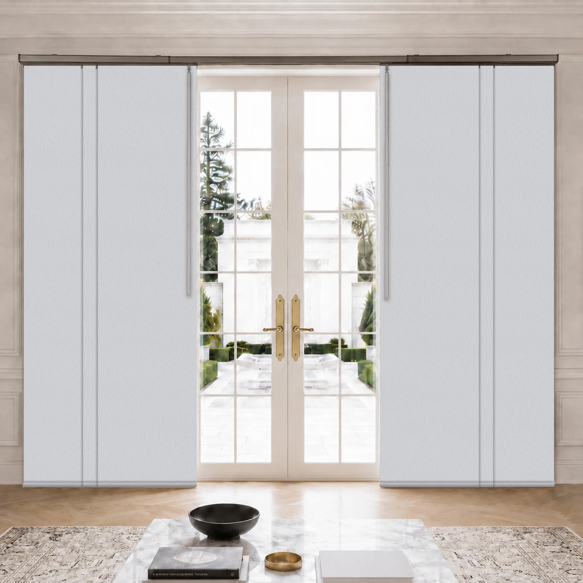 Linea White blackout panel track blinds with subtle vertical texture beside French doors