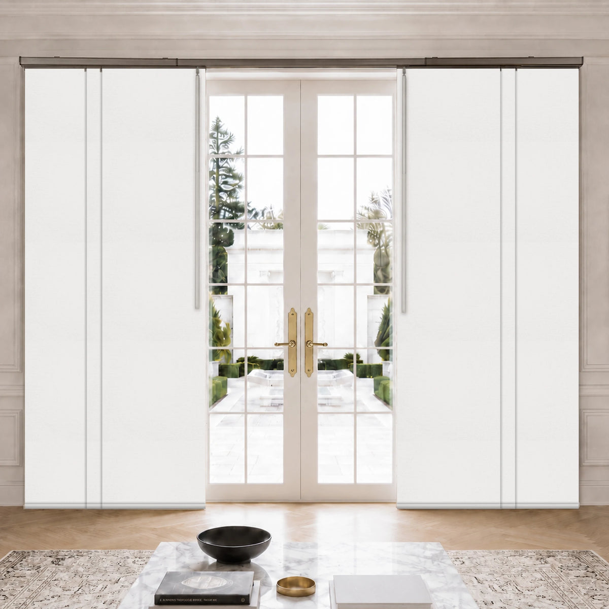 Horizon White smooth blackout panel track blinds beside French doors
