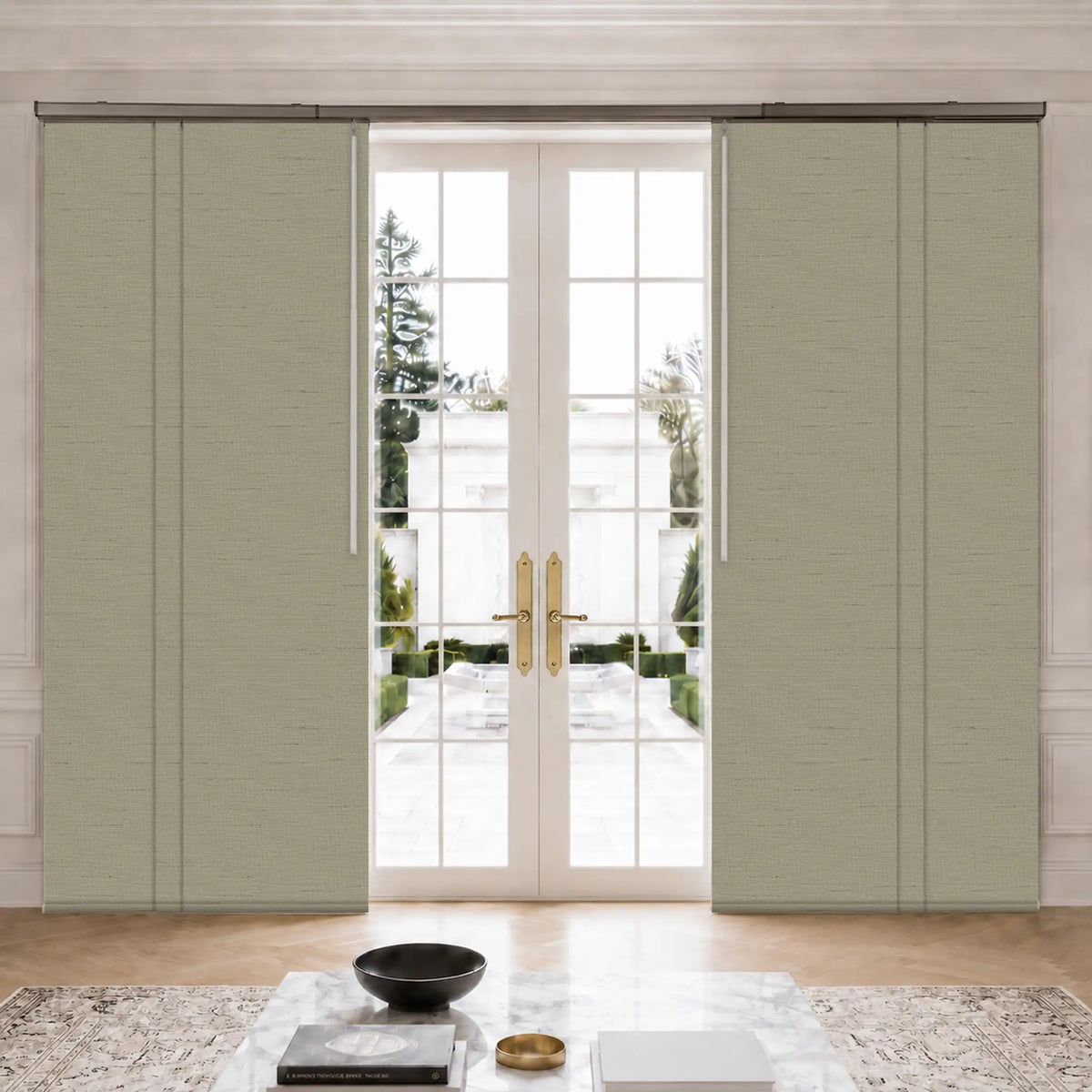 Horizon Sand beige blackout panel track blinds beside French doors