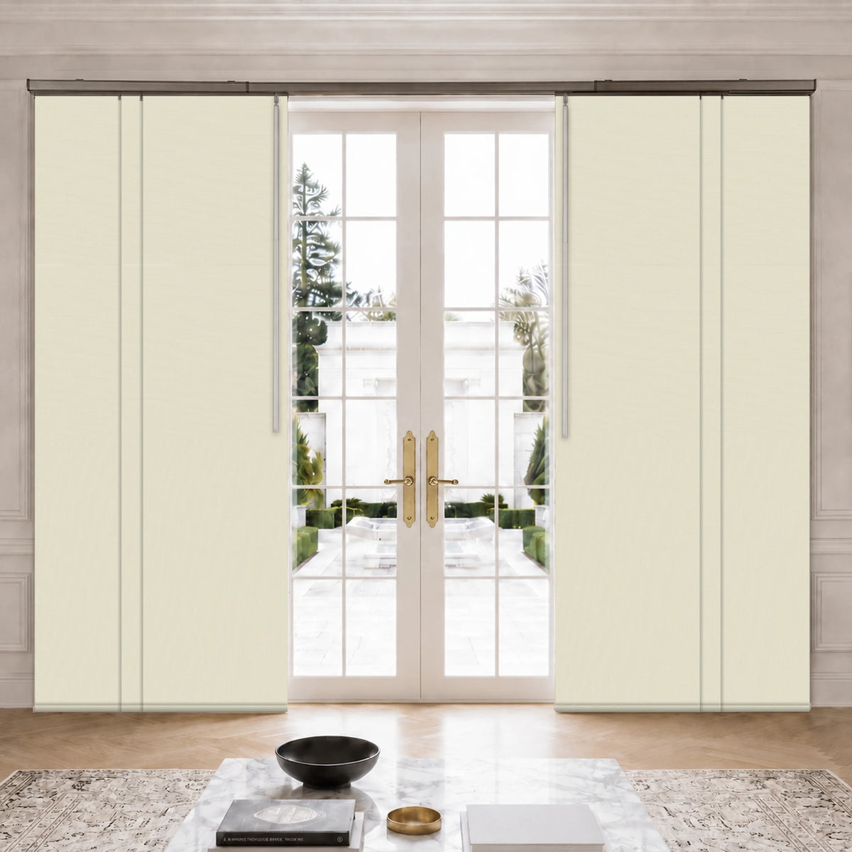 Dune Beige cream blackout panel track blinds beside French doors
