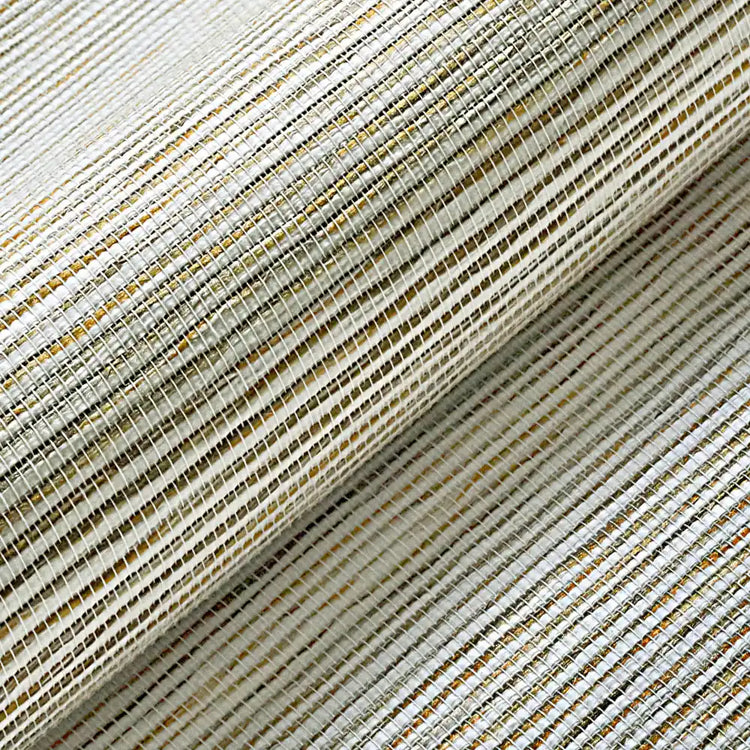 A close-up of a woven fabric or wallpaper sample with a diagonal rolled fold, showing a textured pattern of off-white, beige, and light brown horizontal stripes.