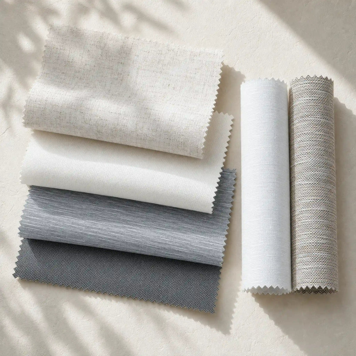 Five fabric swatches in neutral tones are arranged on a light beige surface with soft leaf shadows. Two are folded fabric pieces in off-white, white, light gray, and dark gray, and two are rolled fabric samples in off-white and light gray.