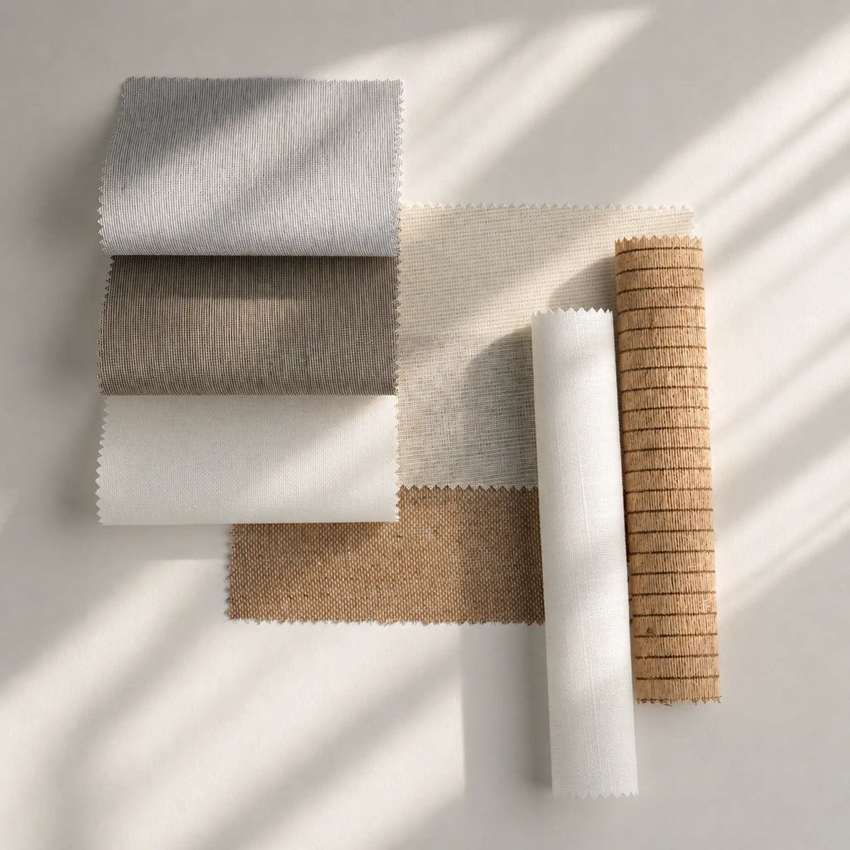 Four textured fabric or material swatches in neutral tones are arranged on a light surface with soft window-shadow lighting. The colors include light gray, taupe-beige, off-white, tan, and a rolled white material alongside a rolled tan material.