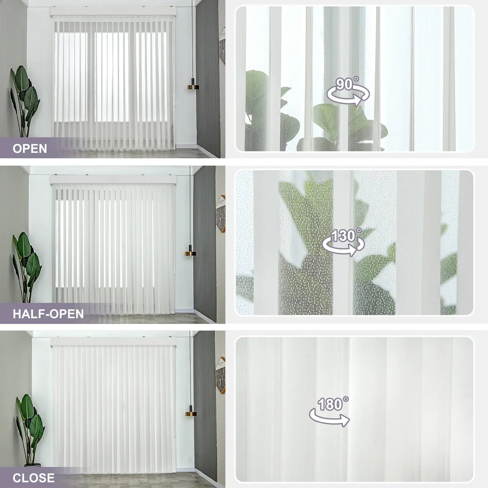 Collage of a window with different positions of a white blind, showing open, half-open, and close positions.