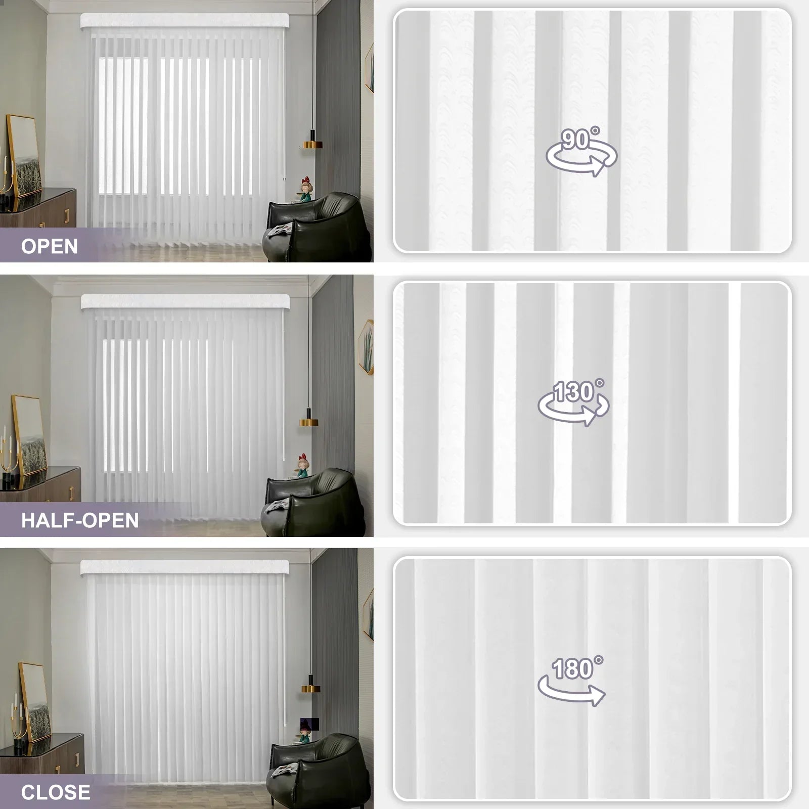 Collage of vertical blinds in different positions with labeled angles in a room setting.