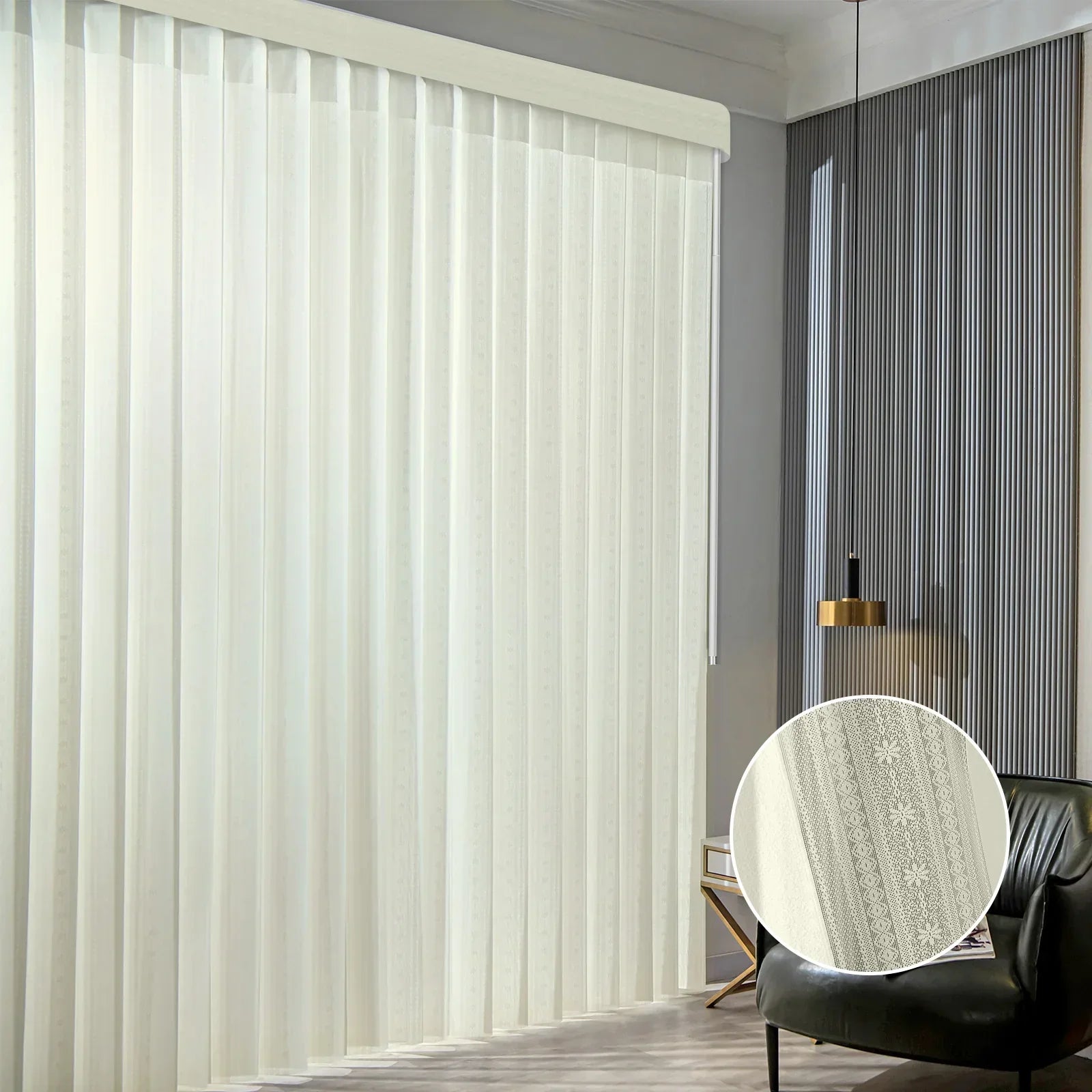 White vertical blinds in a room with a chair and decorative mirror.