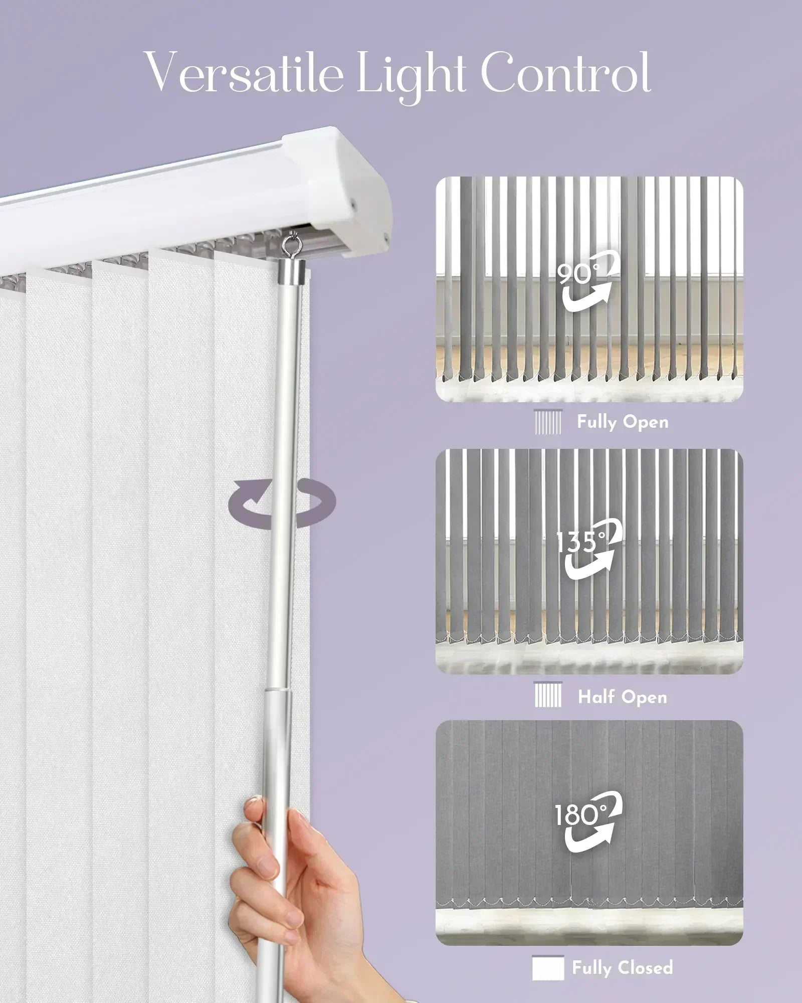 Light control panel with adjustable slats and hand holding it on a purple background