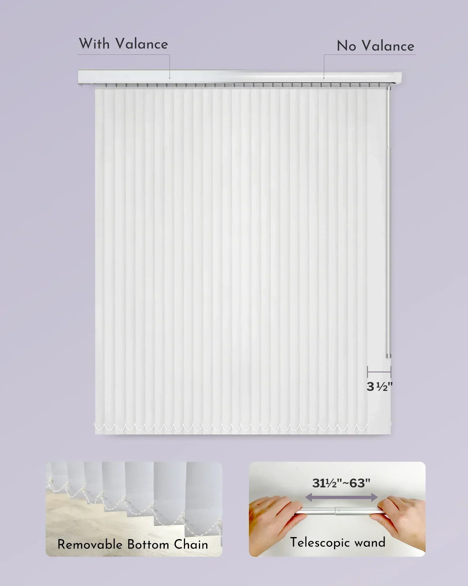 Vertical blinds with and without a valance, showing dimensions and features on a purple background.