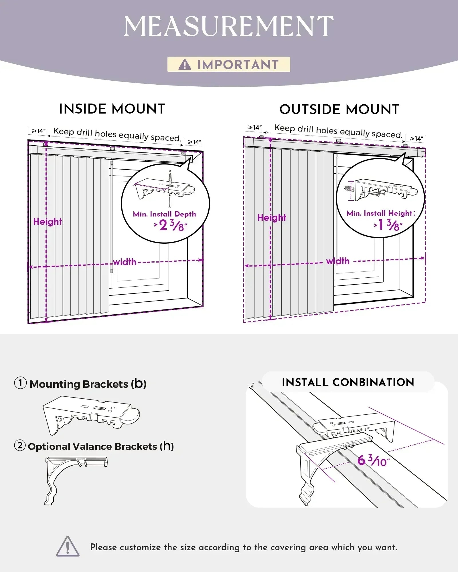 Measurement guide for mounting brackets with dimensions and installation instructions.