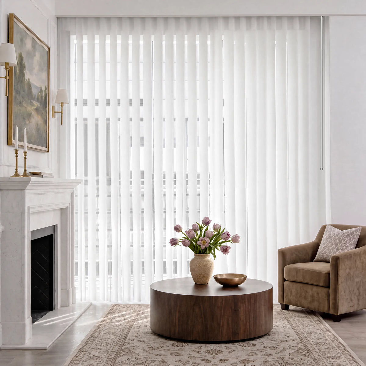 White manual Sheer Vertical Blinds hanging in a dining room setting with a wooden table, chairs, and a sideboard.
