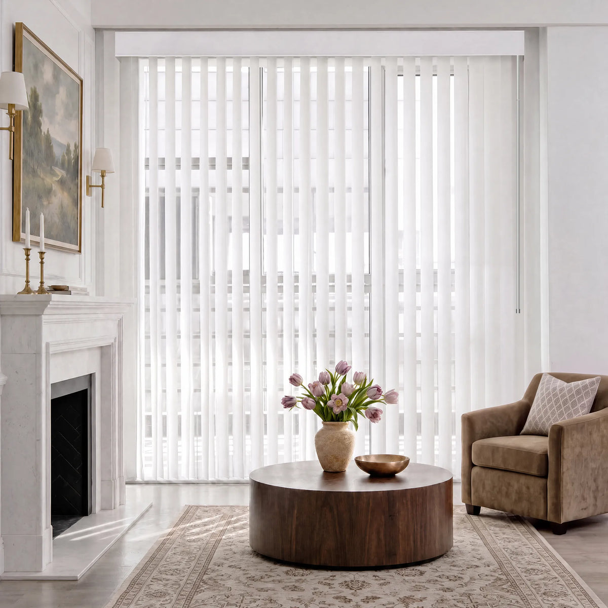 A pair of strip white manual Sheer Vertical Blinds hanging on a large window in a modern dining room with a wooden table, chairs, and a sideboard.