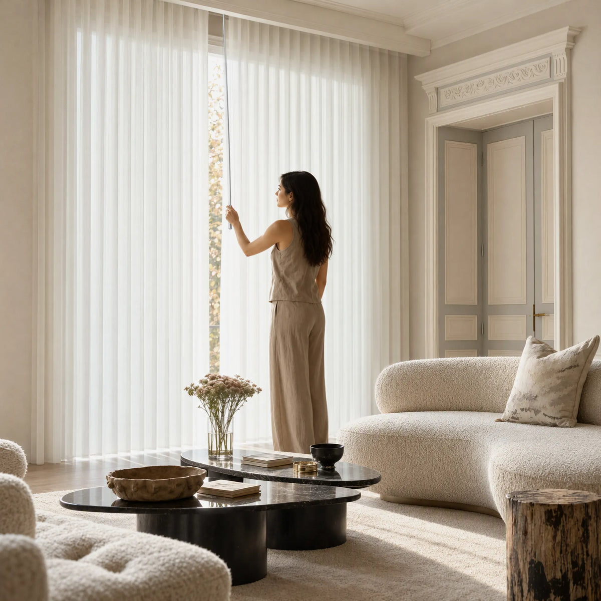 A woman , holding a wand. In front of her is a large window covered with white manual Sheer Vertical Blinds
