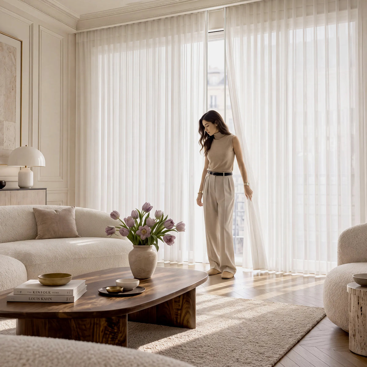 a woman walk throught manual Sheer Vertical Blinds