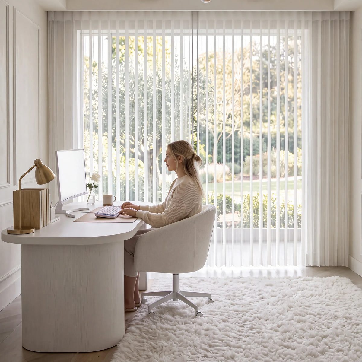 a woman is sitting in her office with a white manual sheer vertical blinds  on the sliding door