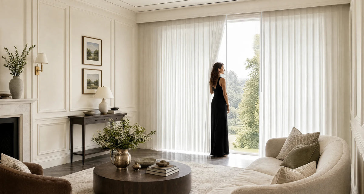 a woman stand front a large sliding door with manual sheer vertical blinds