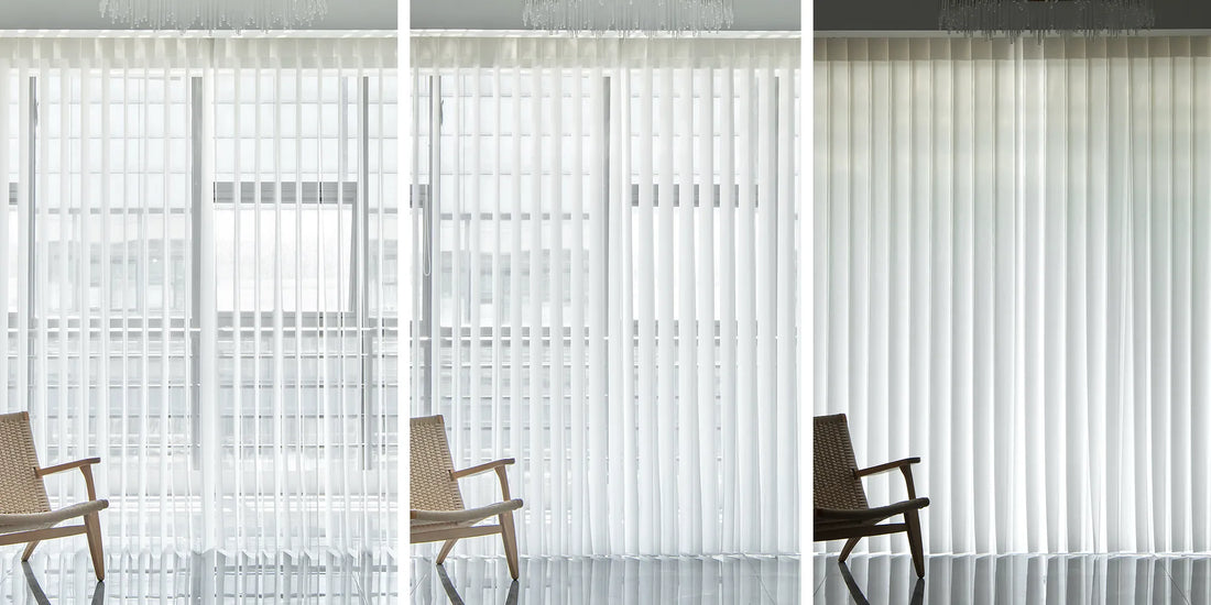 Three vertical panels show a white sheer curtain or blind system installed over a window, with a wooden chair visible in the lower left of the left two panels and a reflective floor below.