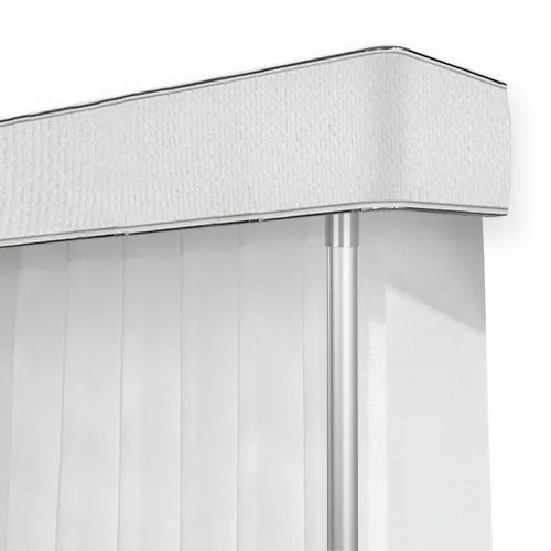 Close-up of a white sheer vertical blind system showing the textured fabric header, metal header trim, and silver support pole against a white background.