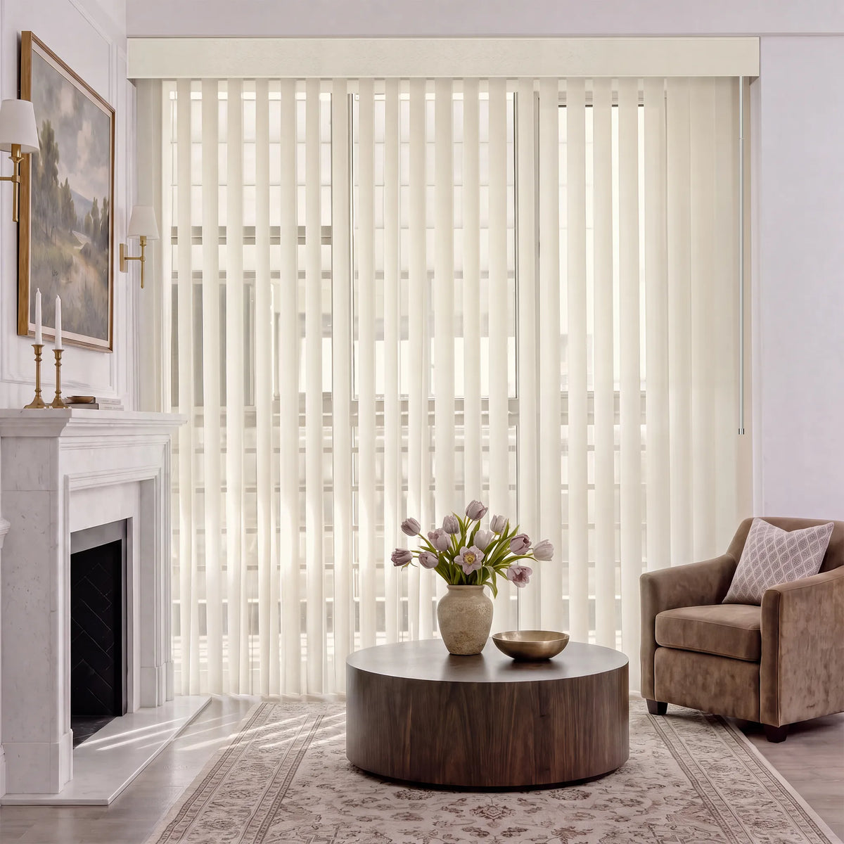 A dining room interior with tall cream manual Sheer Vertical Blinds covering a large window or patio door, shown in a styled home setting with a wooden sideboard, dining table, chairs, wall art, and a potted plant.