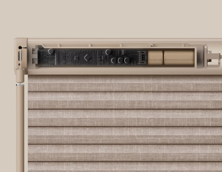 Close-up of a rcellular shade with control panel on a beige background