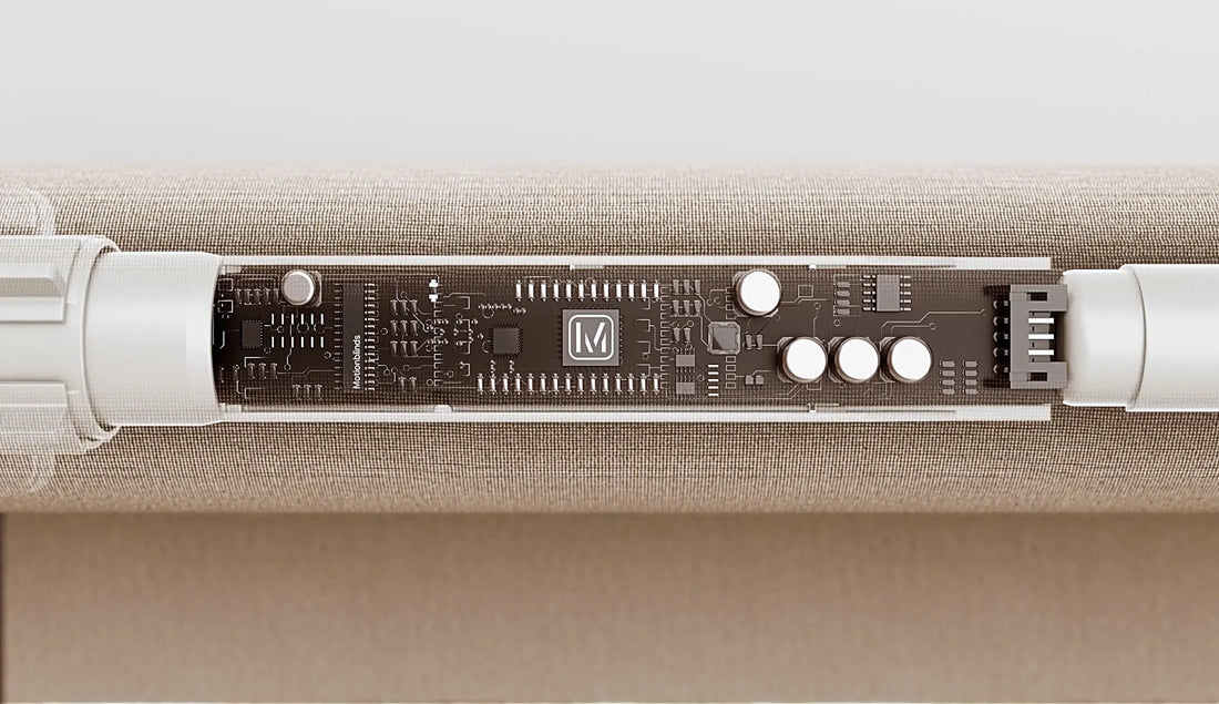 Graywind × Motionblinds motorized roller shade featuring a European-engineered motor for refined, reliable smart shading performance.