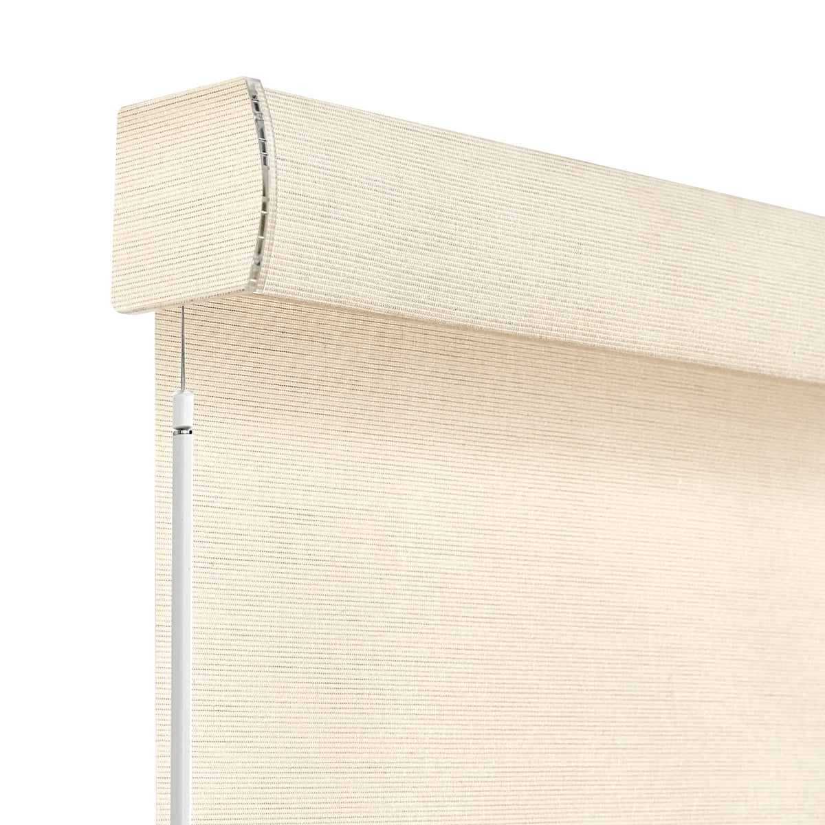 Close-up of a beige woven motorized shade on a white background
