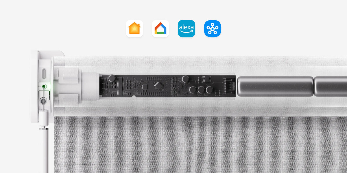 Graywind × Motionblinds motorized roller shade featuring Matter over Thread technology for seamless smart home connectivity.