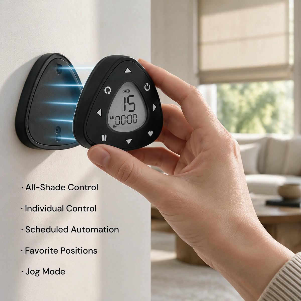 A hand holds a black triangular smart shade controller against a white wall next to another controller, with blue light effects showing coverage. Text on the left lists features like all-shade control and individual control.