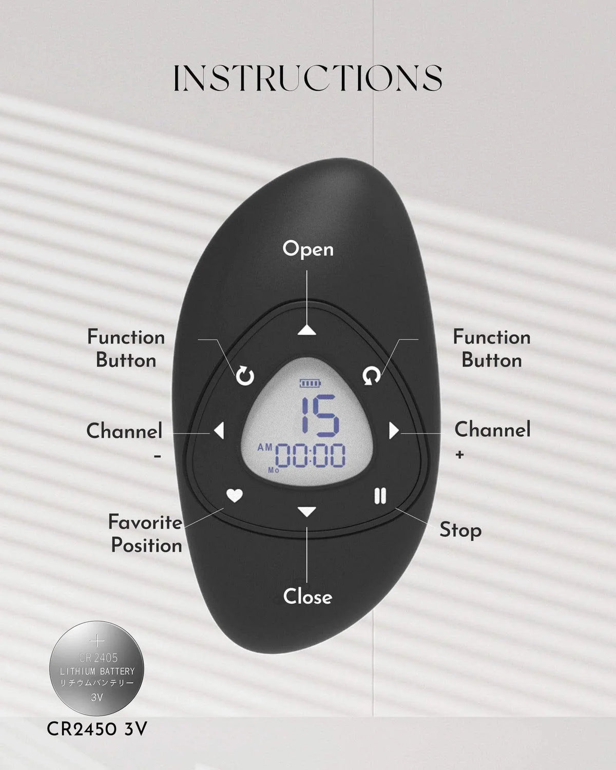 Black electronic device with labeled buttons on a gray background