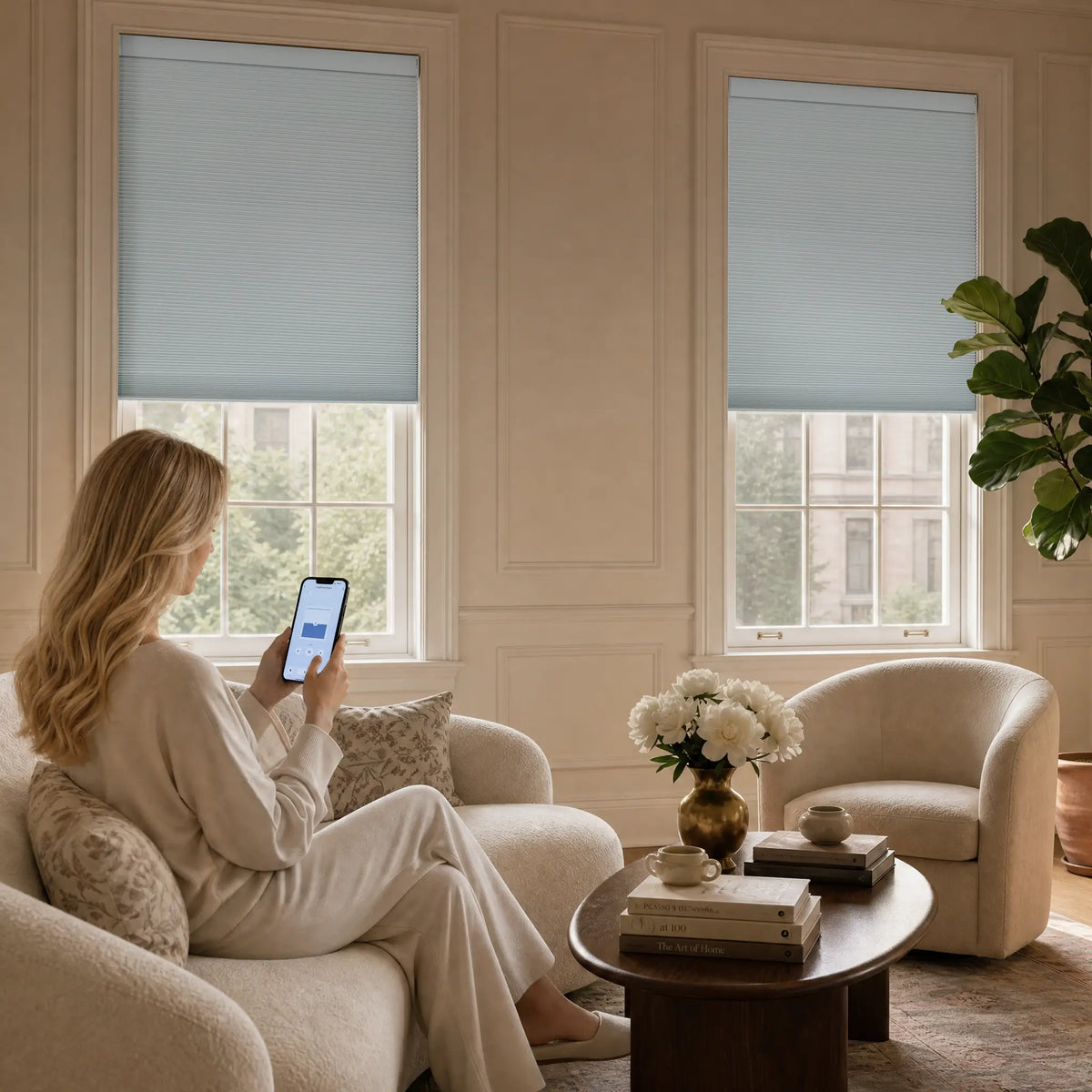 A modern living room with a curved beige sofa, patterned armchair, wooden coffee tables, and a large white sectional window treatment installed in a gabled roof, overlooking a green garden.