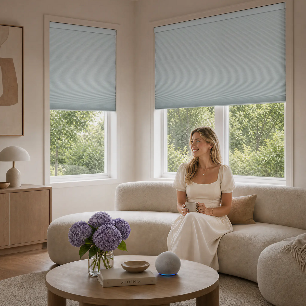 A woman in a white dress sits on a beige sectional sofa in a bright living room, holding a mug near two motorized blackout cellular shades. The room features a round wooden coffee table with a vase of purple flowers and a small smart speaker.