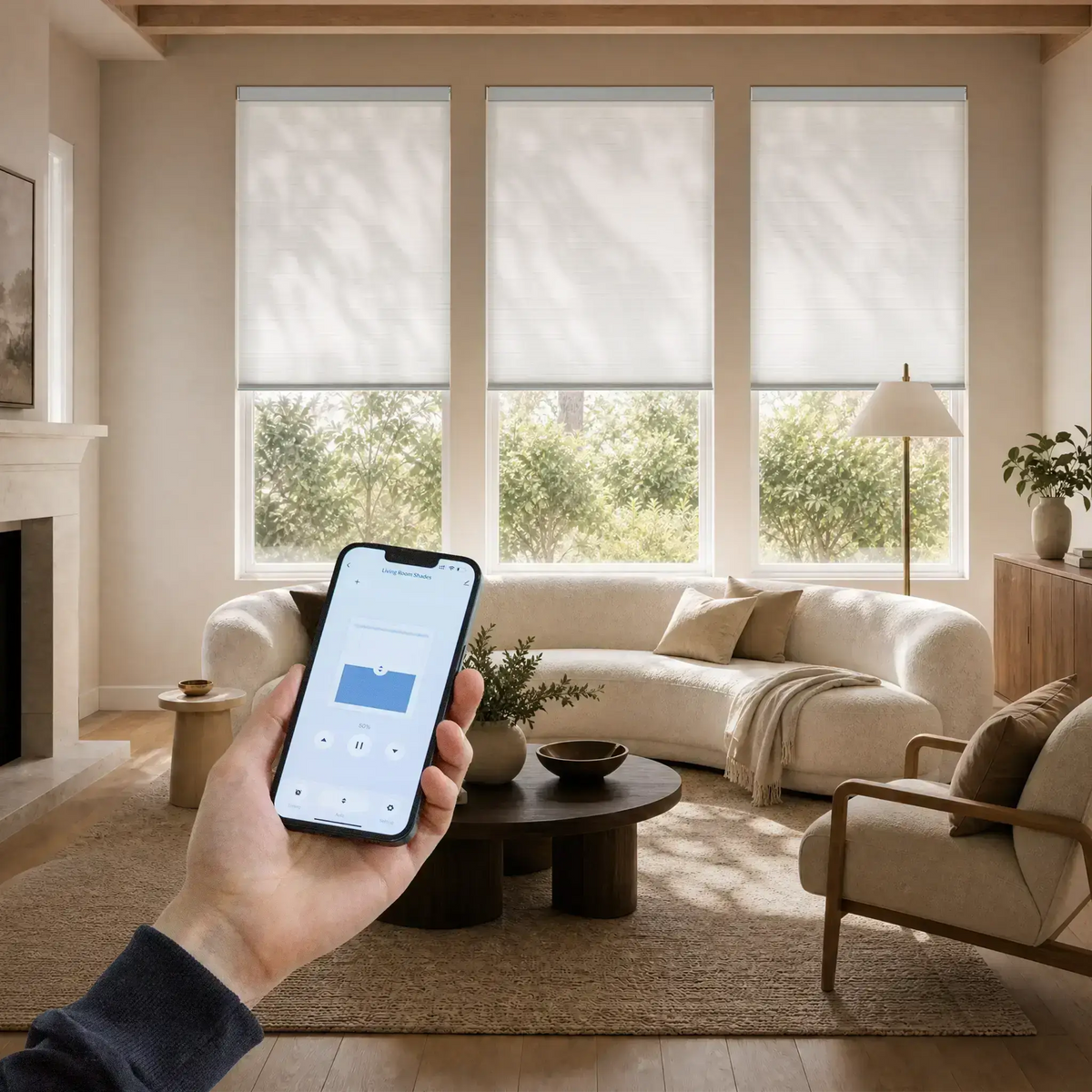 A hand holds a smartphone in a modern living room with beige motorized cellular shades and three large windows. The phone screen shows a smart home control app, and the room is styled with a curved cream sofa, wooden coffee table, and indoor plants.