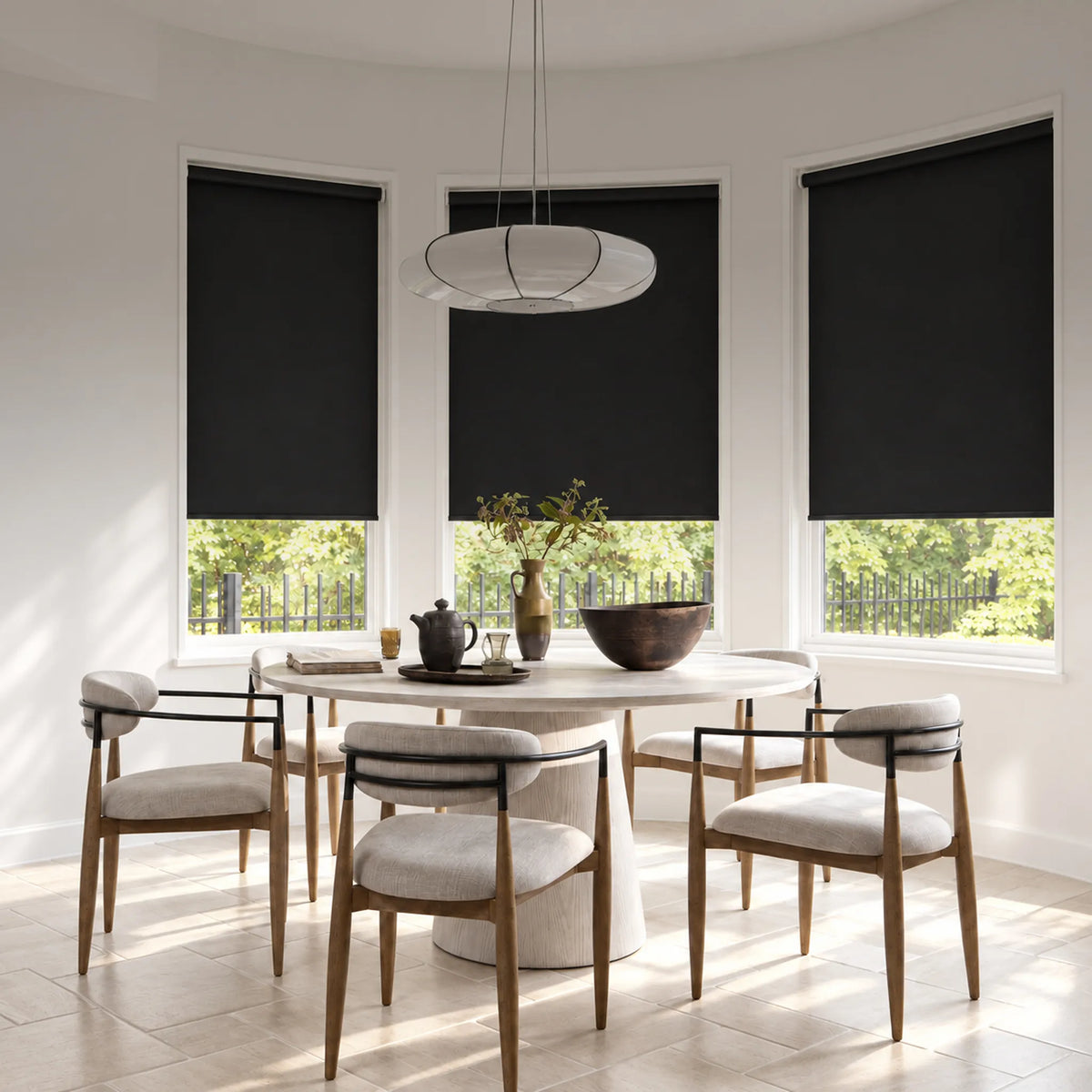 Three blackmotorized no-drill roller shades on a curved white wall in a modern dining room setting with a round wooden table and chairs.