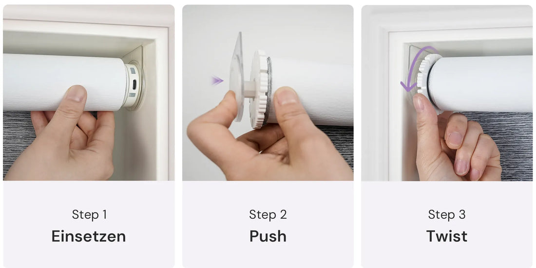 Three-panel instruction graphic showing how to install a motorized no-drill roller shades: Step 1 Insert, Step 2 Push, and Step 3 Twist, with hands demonstrating each step on a light neutral background.