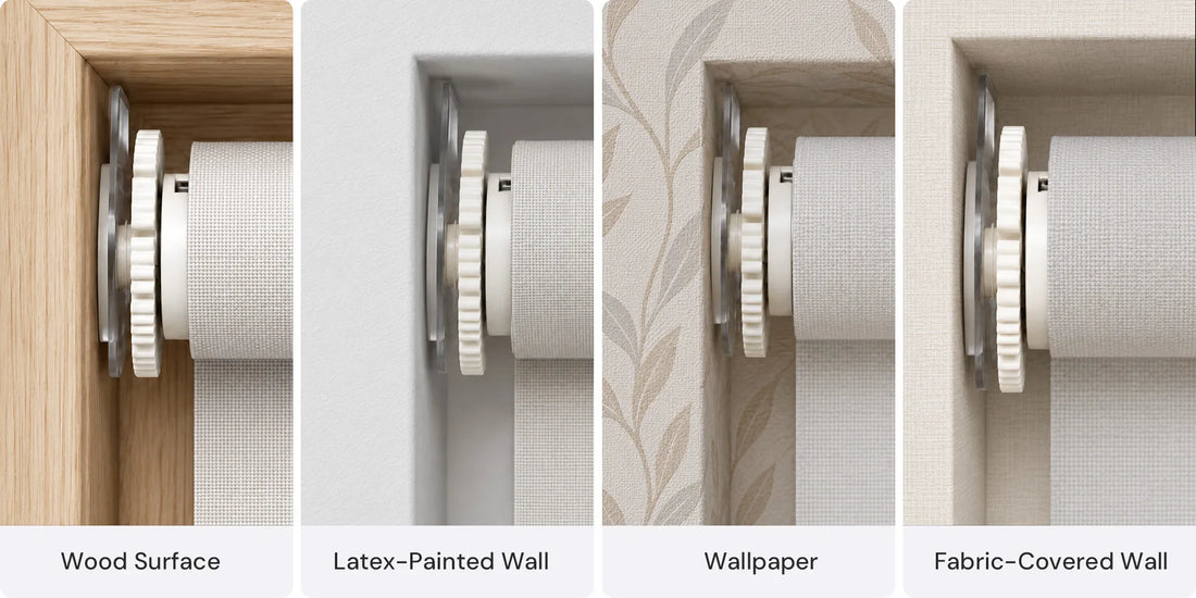 Four side-by-side close-up panels showing a motorized no-drill roller shades hardware installed in different wall surfaces: wood surface, latex-painted wall, wallpaper, and fabric-covered wall. Text labels identify each surface type.