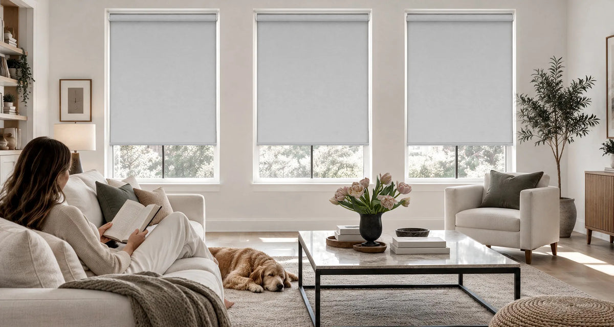 Three light gray motorized no-drill roller shades hanging on windows in a bright, modern living room. A woman is sitting on a white sofa reading, with a dog lying on the rug nearby.