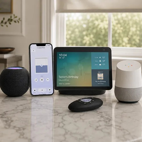 A smart home device setup on a marble countertop in front of a window, featuring a large black smart display tablet, a smartphone app screen, a black spherical speaker, a black remote, and a white-and-gray Google Home smart speaker.