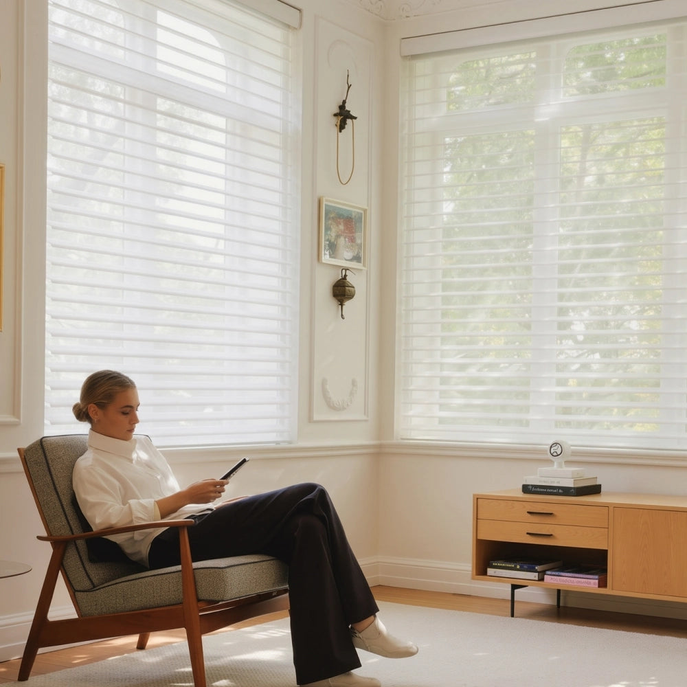 A woman sits in a gray armchair in a bright room with large white shangri-la sheer blinds, looking at a phone. A light wood sideboard is visible against the wall.