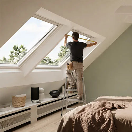 A man on a stepladder measures a skylight window in a modern attic bedroom with light wood floors, a built-in bench, and a bed with a brown textured blanket.