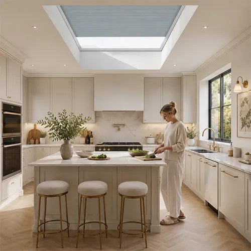 A woman in a bright, modern kitchen with white cabinetry and a large skylight above. She is standing near the island, and the kitchen features a marble island, gold bar stools, built-in ovens, and a window with black frames.