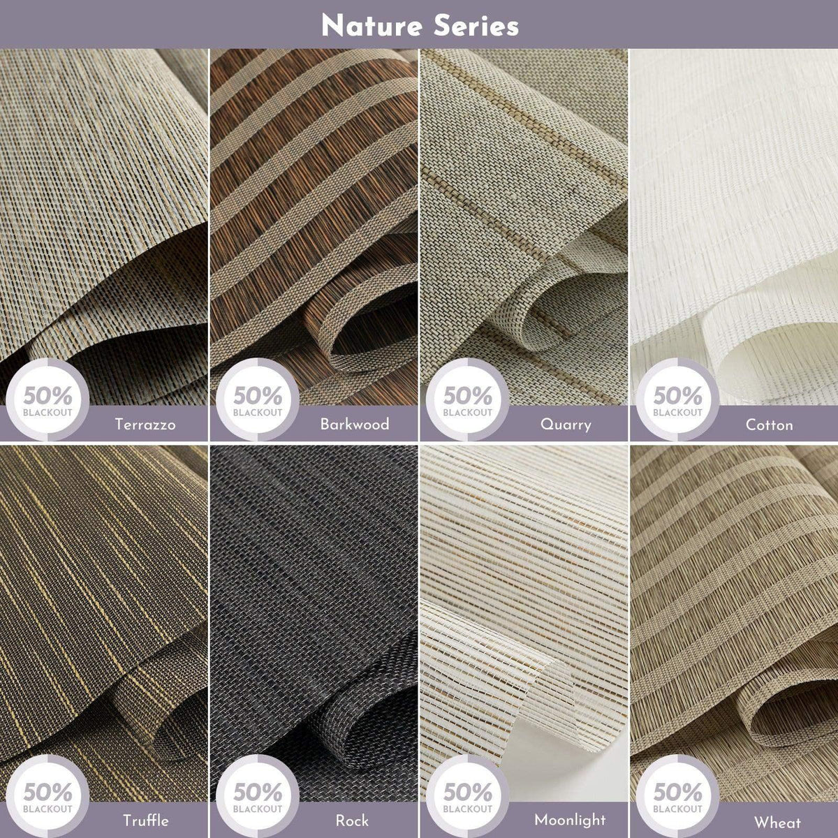 Nature Series fabric swatches for window treatments, 50% blackout, various colors and textures.