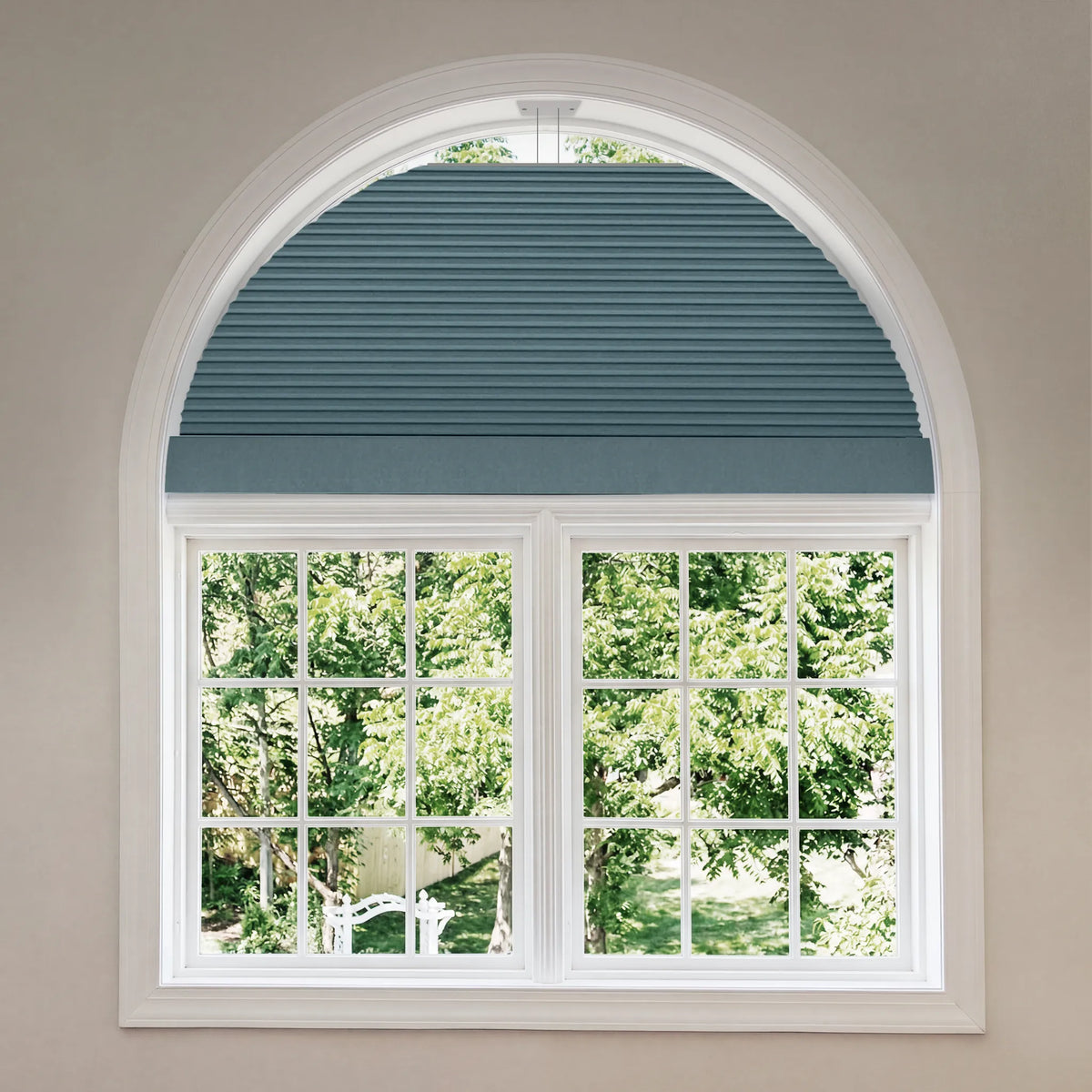 Smart Arch Shades with Blackout blue fabric