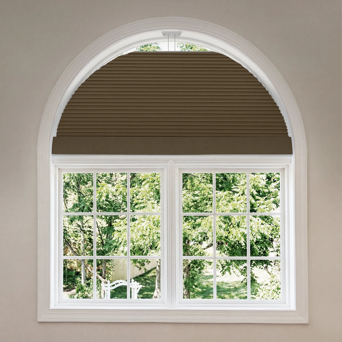 Smart Arch Shades with blackout Brown fabric