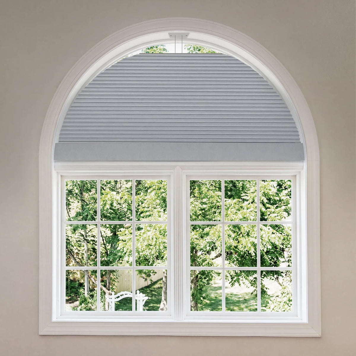 Smart Arch Shades with light gray fabric