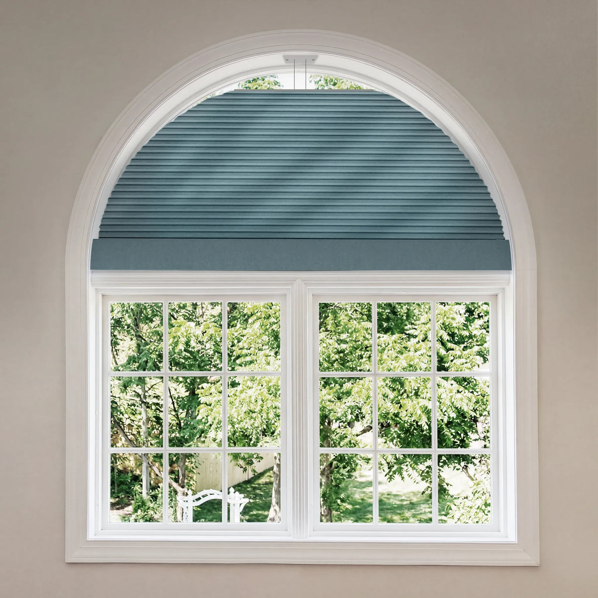 Smart Arch Shades with Dimout Blue fabric