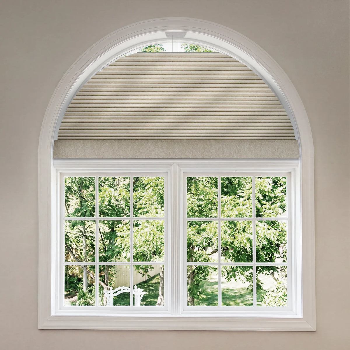 Smart Arch Shades with dimout coffee fabric