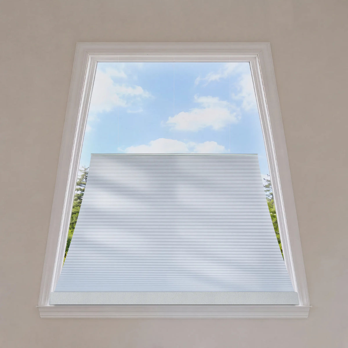 Smart trapezoid blind control system with remote control, smartphone, and tablet in a living room setting.