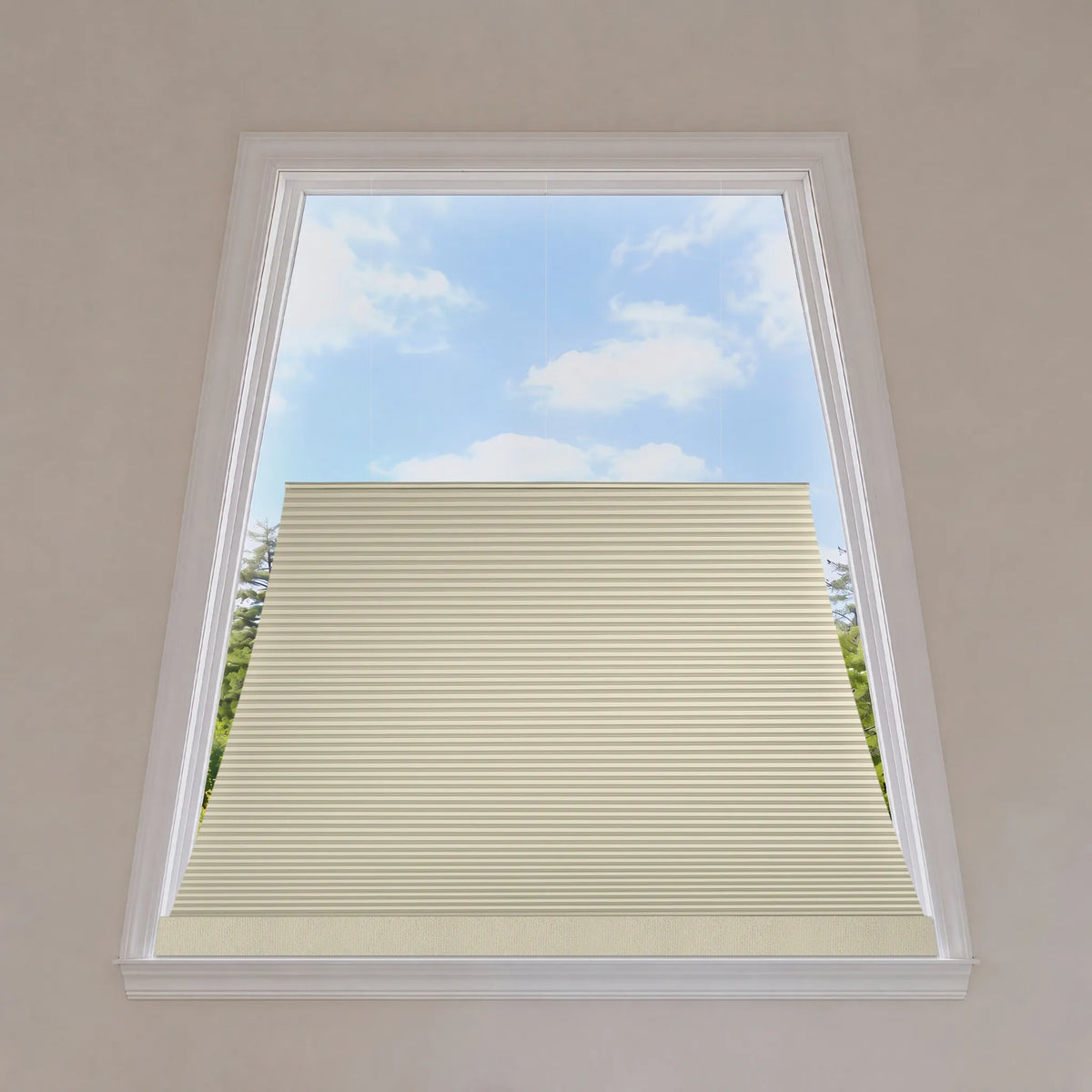 Smart window blind control system with remote control, smartphone, and tablet in a living room setting.
