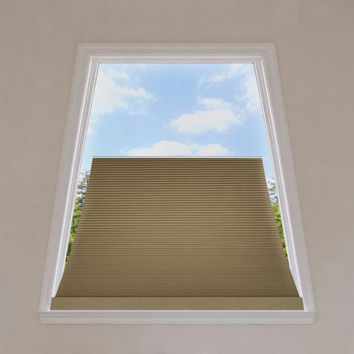A beige cellular window shade partially drawn down over a white-framed window, with a blue sky and green trees visible outside.