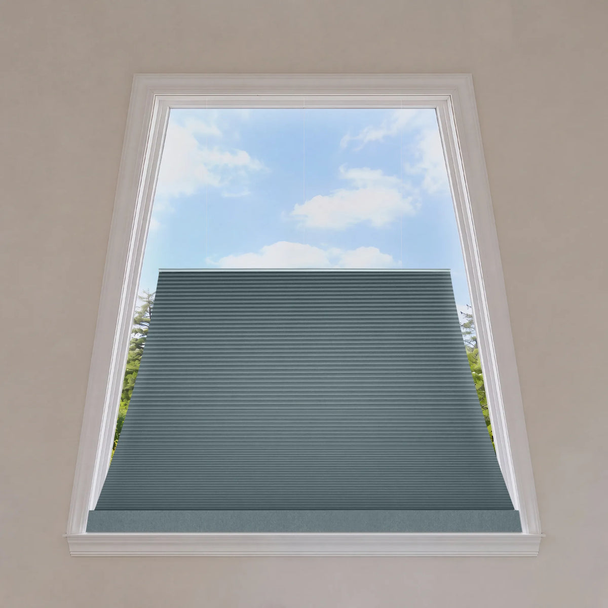 Smart trapezoid blind with control device and smartphone in a room setting