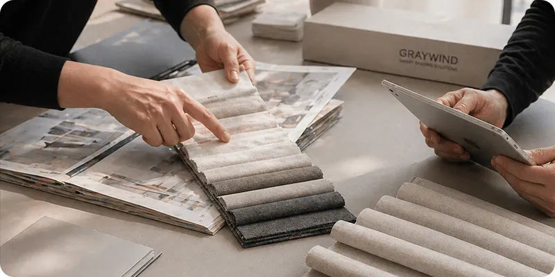 Graywind team selecting premium fabrics for custom window treatments
